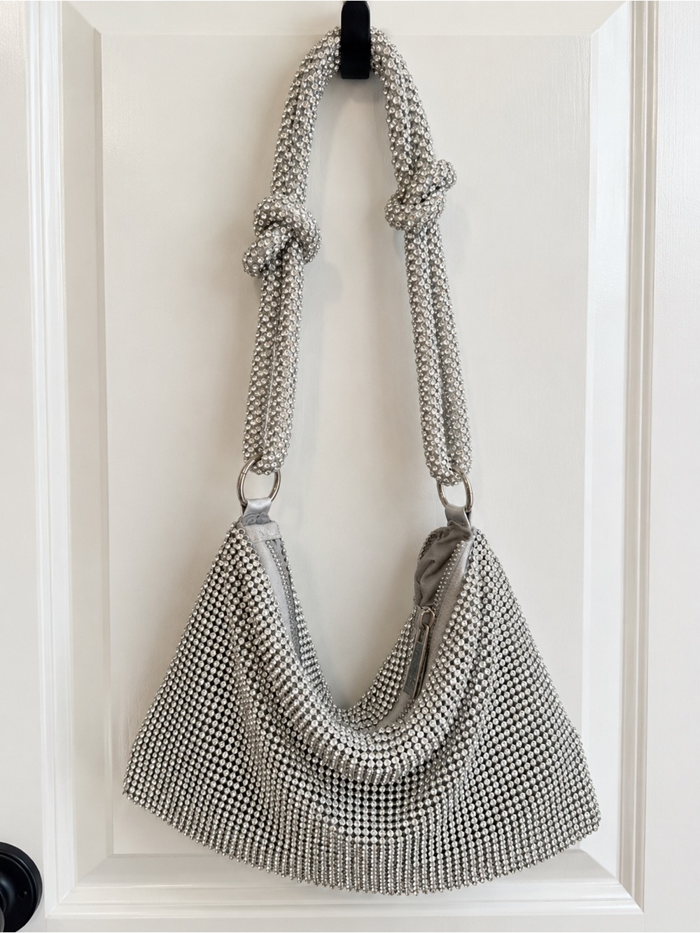 Silver Crystal-Embellished Hobo Shoulder Bag